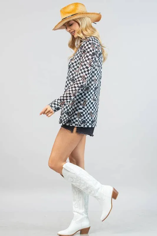 VALERIE WESTERN PRINT CHECKERS PRINT MESH TOP: IVORY/BLACK