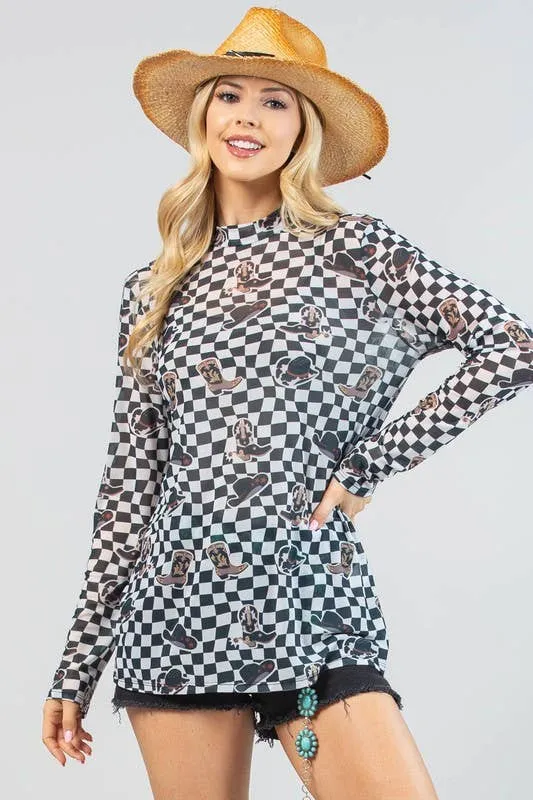 VALERIE WESTERN PRINT CHECKERS PRINT MESH TOP: IVORY/BLACK