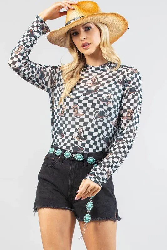 VALERIE WESTERN PRINT CHECKERS PRINT MESH TOP: IVORY/BLACK