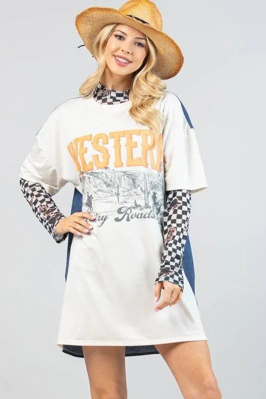 VALERIE WESTERN PRINT CHECKERS PRINT MESH TOP: IVORY/BLACK