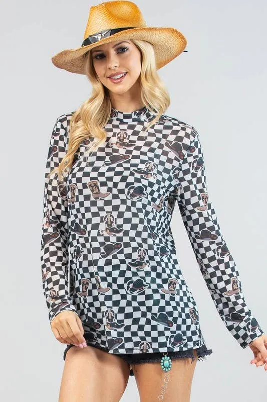 VALERIE WESTERN PRINT CHECKERS PRINT MESH TOP: IVORY/BLACK