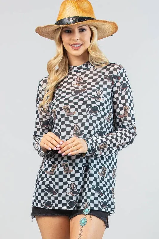 VALERIE WESTERN PRINT CHECKERS PRINT MESH TOP: IVORY/BLACK