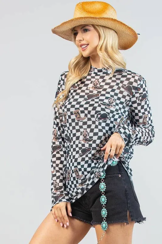 VALERIE WESTERN PRINT CHECKERS PRINT MESH TOP: IVORY/BLACK