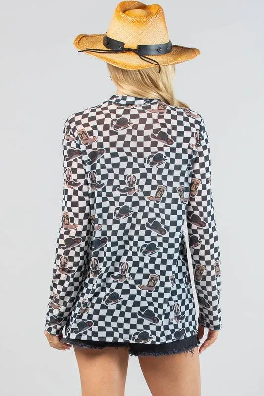 VALERIE WESTERN PRINT CHECKERS PRINT MESH TOP: IVORY/BLACK