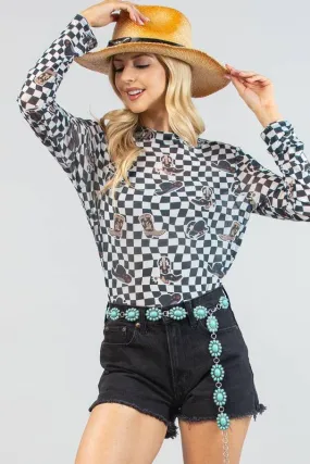 VALERIE WESTERN PRINT CHECKERS PRINT MESH TOP: IVORY/BLACK