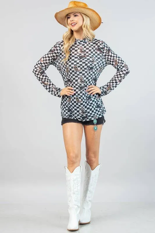 VALERIE WESTERN PRINT CHECKERS PRINT MESH TOP: IVORY/BLACK