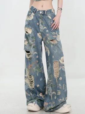 Vintage Printed Ripped Jeans for Women